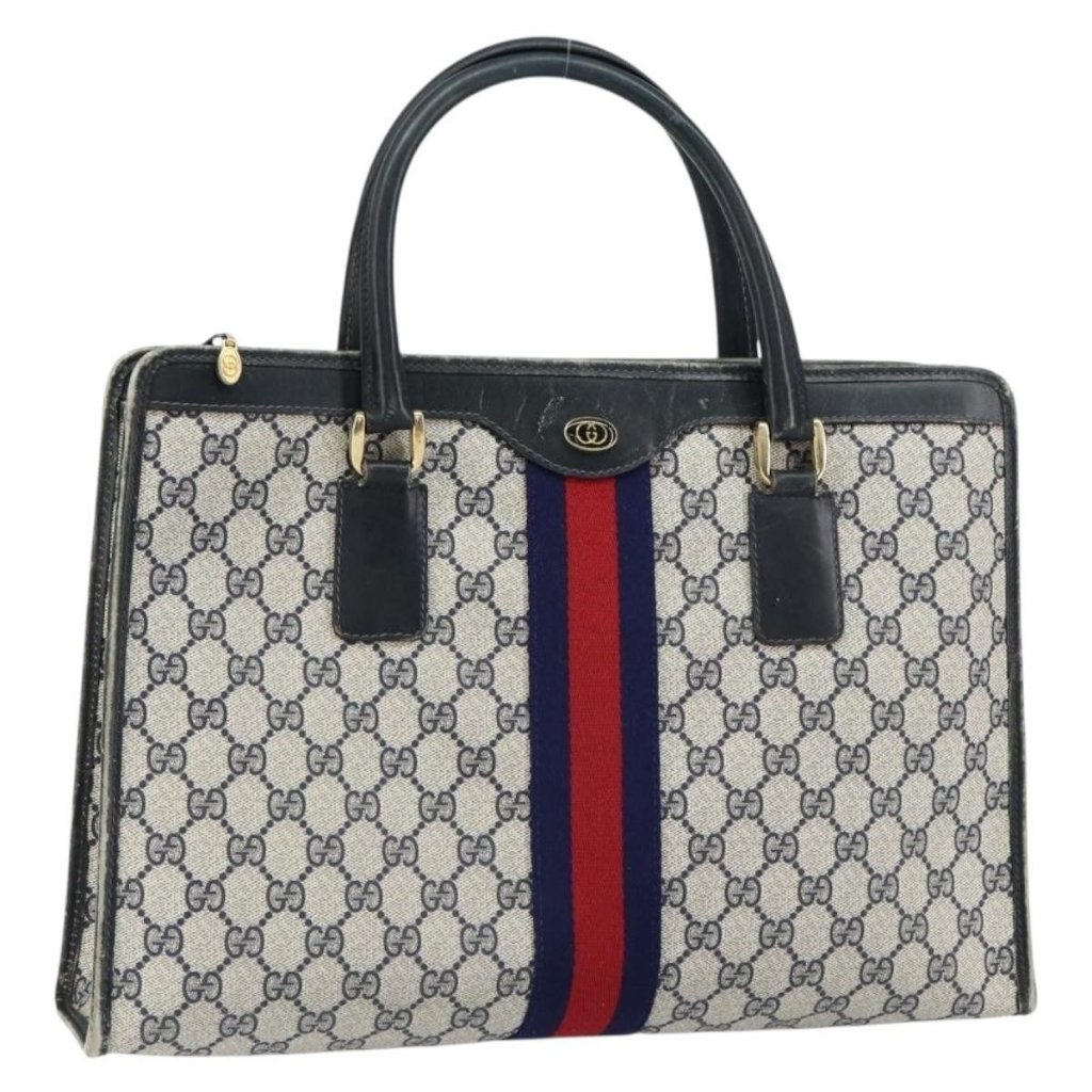 Gucci Gg Supreme Sherry Line Hand Bag Pvc Navy Gold Auth 153814